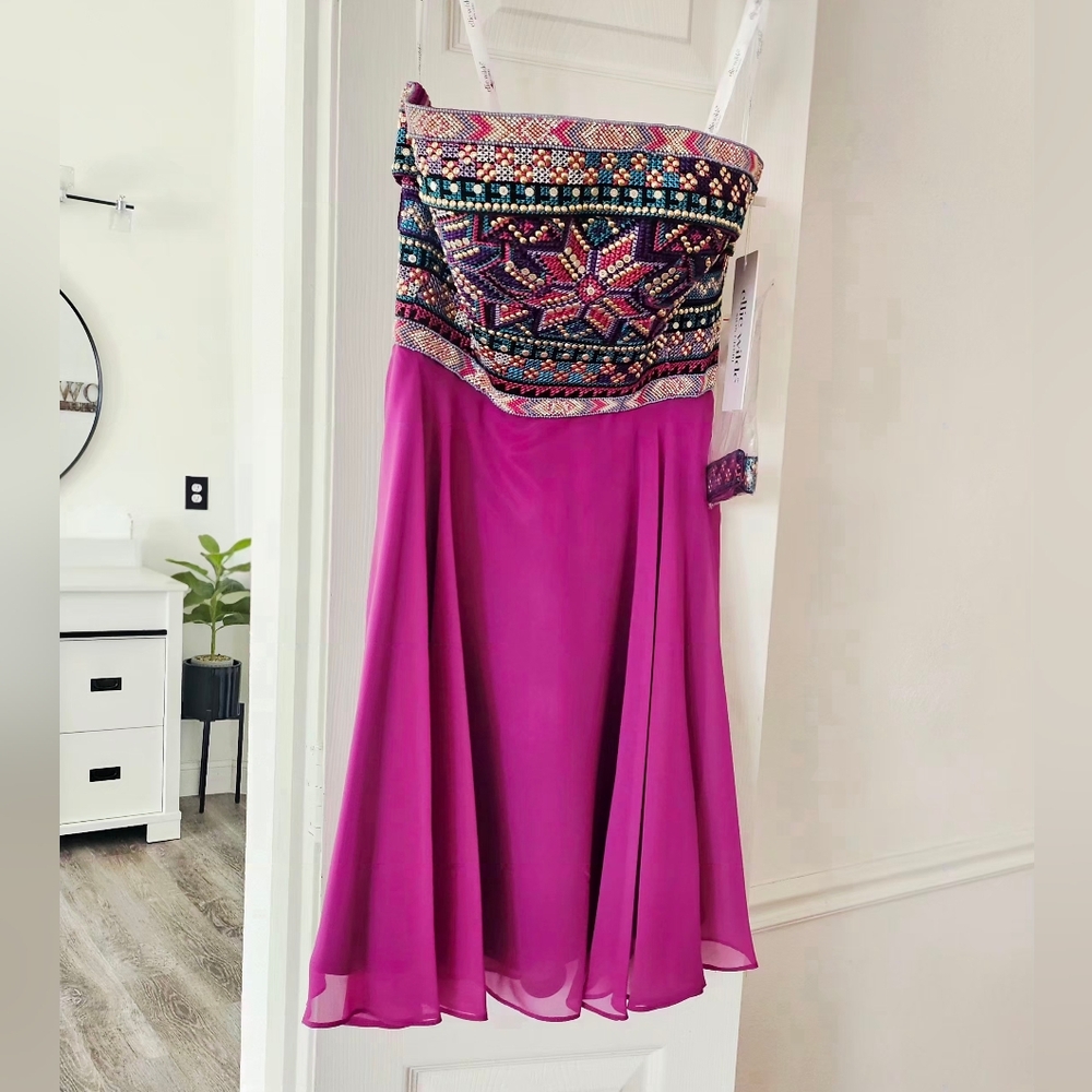 Ellie Wilde By Mon Cheri Navaho Beaded Pink Strapless Dress With Matching Choker - Picture 3 of 6